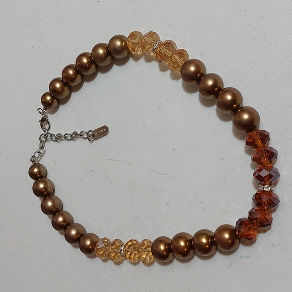 Kissaka Cognac And Topaz Shade Glass Crystals And Faux Pearls Bead Necklace - Picture 3 of 5